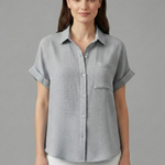Women's Collared Button-Front Blouse – Short Sleeve Shirt with Chest Pocket