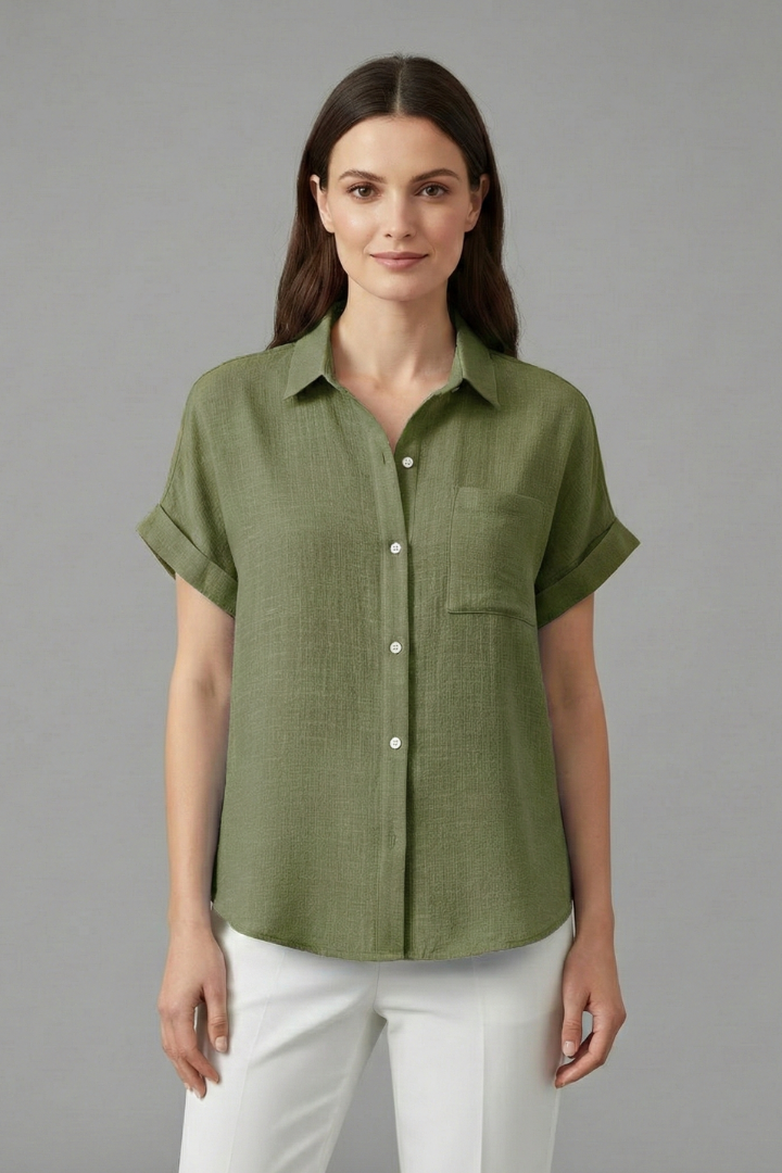 Women's Collared Button-Front Blouse – Short Sleeve Shirt with Chest Pocket
