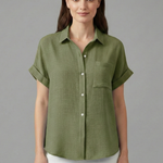 Women's Collared Button-Front Blouse – Short Sleeve Shirt with Chest Pocket