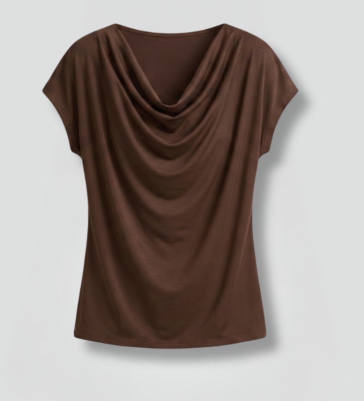 Women's Cowl Neck Blouse with Draped Front & Short Sleeves – Smart Casual Work Top