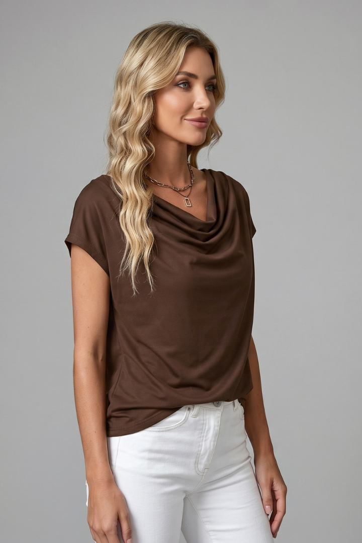Women's Cowl Neck Blouse with Draped Front & Short Sleeves – Smart Casual Work Top