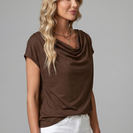 Women's Cowl Neck Blouse with Draped Front & Short Sleeves – Smart Casual Work Top