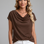 Women's Cowl Neck Blouse with Draped Front & Short Sleeves – Smart Casual Work Top
