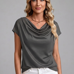 Women's Cowl Neck Blouse with Draped Front & Short Sleeves – Smart Casual Work Top