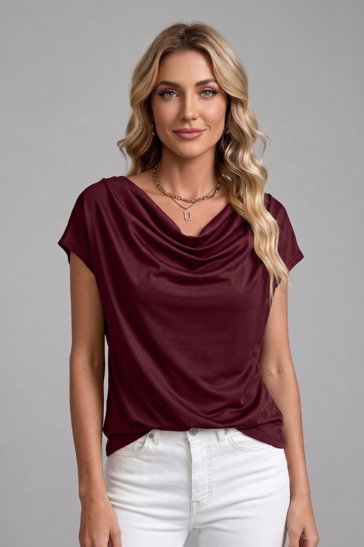 Women's Cowl Neck Blouse with Draped Front & Short Sleeves – Smart Casual Work Top
