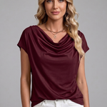 Women's Cowl Neck Blouse with Draped Front & Short Sleeves – Smart Casual Work Top