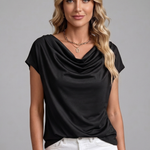 Women's Cowl Neck Blouse with Draped Front & Short Sleeves – Smart Casual Work Top