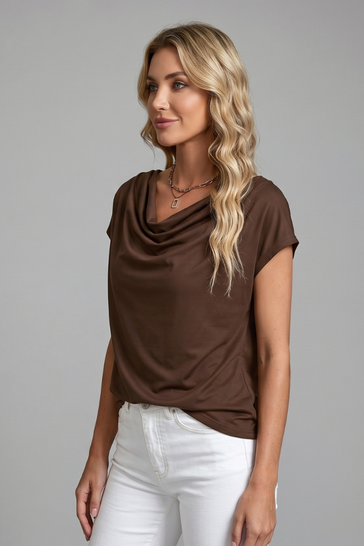 Women's Cowl Neck Blouse with Draped Front & Short Sleeves – Smart Casual Work Top
