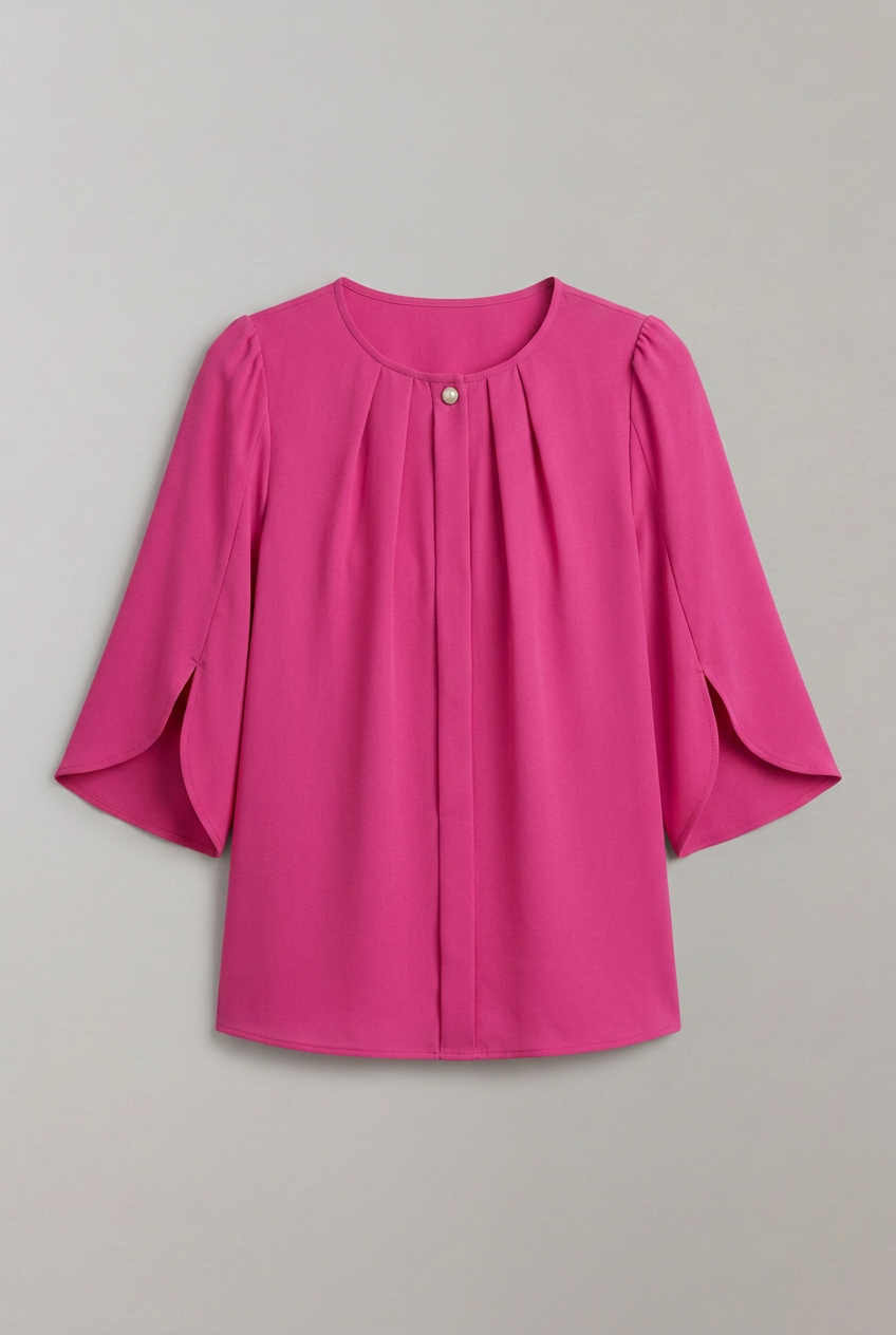 Women's Pleated Front Blouse with Split 3/4 Sleeves – Round Neck Smart Casual Top