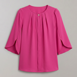 Women's Pleated Front Blouse with Split 3/4 Sleeves – Round Neck Smart Casual Top