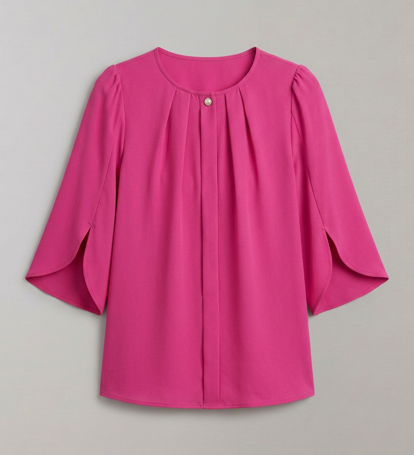 Women's Pleated Front Blouse with Split 3/4 Sleeves – Round Neck Smart Casual Top