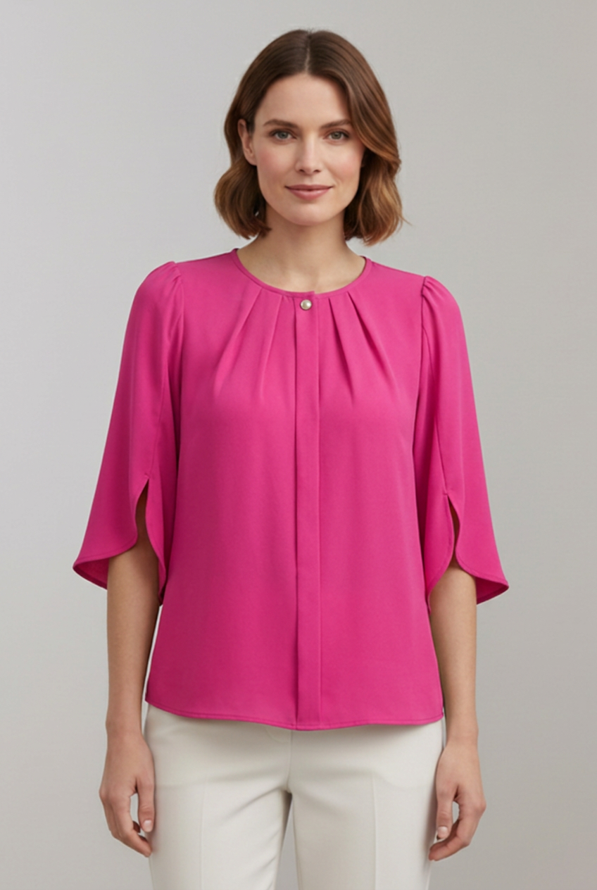 Women's Pleated Front Blouse with Split 3/4 Sleeves – Round Neck Smart Casual Top