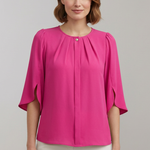Women's Pleated Front Blouse with Split 3/4 Sleeves – Round Neck Smart Casual Top