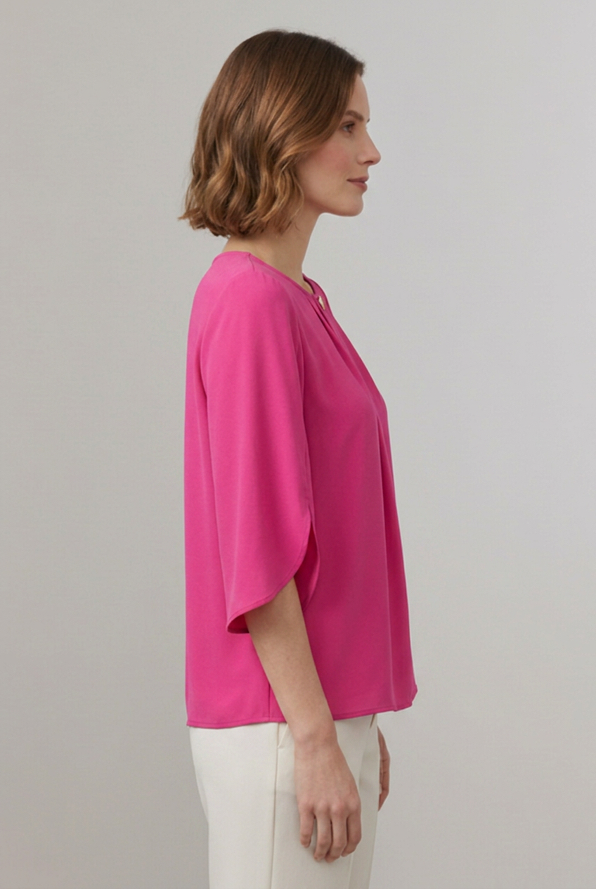Women's Pleated Front Blouse with Split 3/4 Sleeves – Round Neck Smart Casual Top