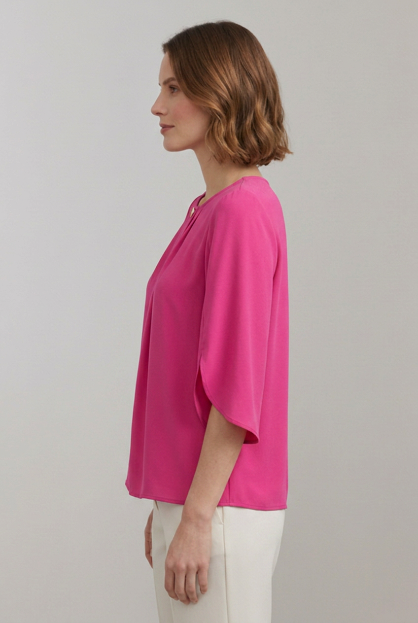 Women's Pleated Front Blouse with Split 3/4 Sleeves – Round Neck Smart Casual Top