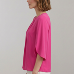 Women's Pleated Front Blouse with Split 3/4 Sleeves – Round Neck Smart Casual Top