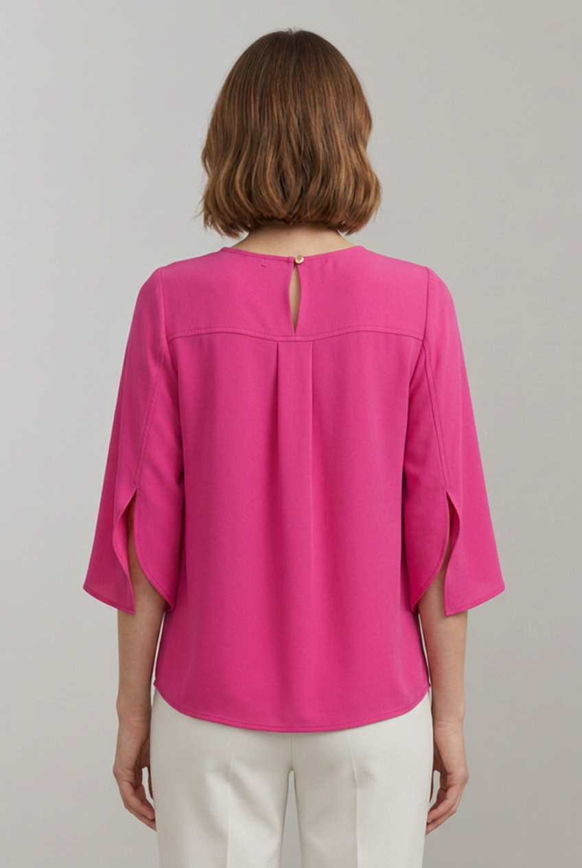 Women's Pleated Front Blouse with Split 3/4 Sleeves – Round Neck Smart Casual Top
