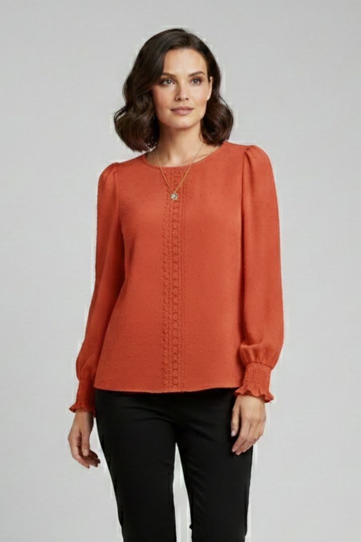 Women's Embroidered Round Neck Blouse with Long Sleeves – Casual Everyday Top