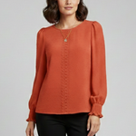 Women's Embroidered Round Neck Blouse with Long Sleeves – Casual Everyday Top