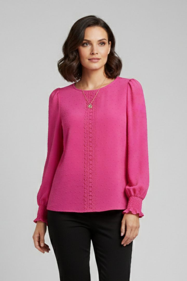 Women's Embroidered Round Neck Blouse with Long Sleeves – Casual Everyday Top