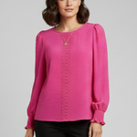 Women's Embroidered Round Neck Blouse with Long Sleeves – Casual Everyday Top