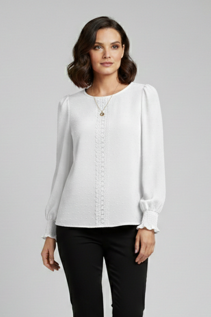 Women's Embroidered Round Neck Blouse with Long Sleeves – Casual Everyday Top