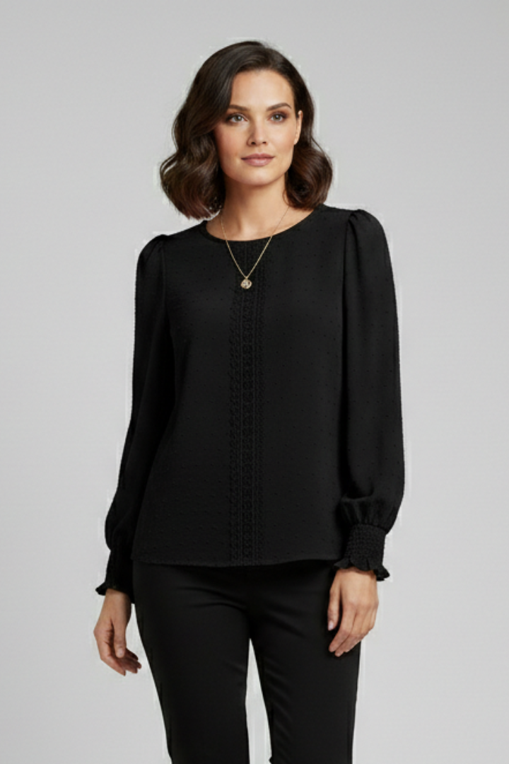 Women's Embroidered Round Neck Blouse with Long Sleeves – Casual Everyday Top