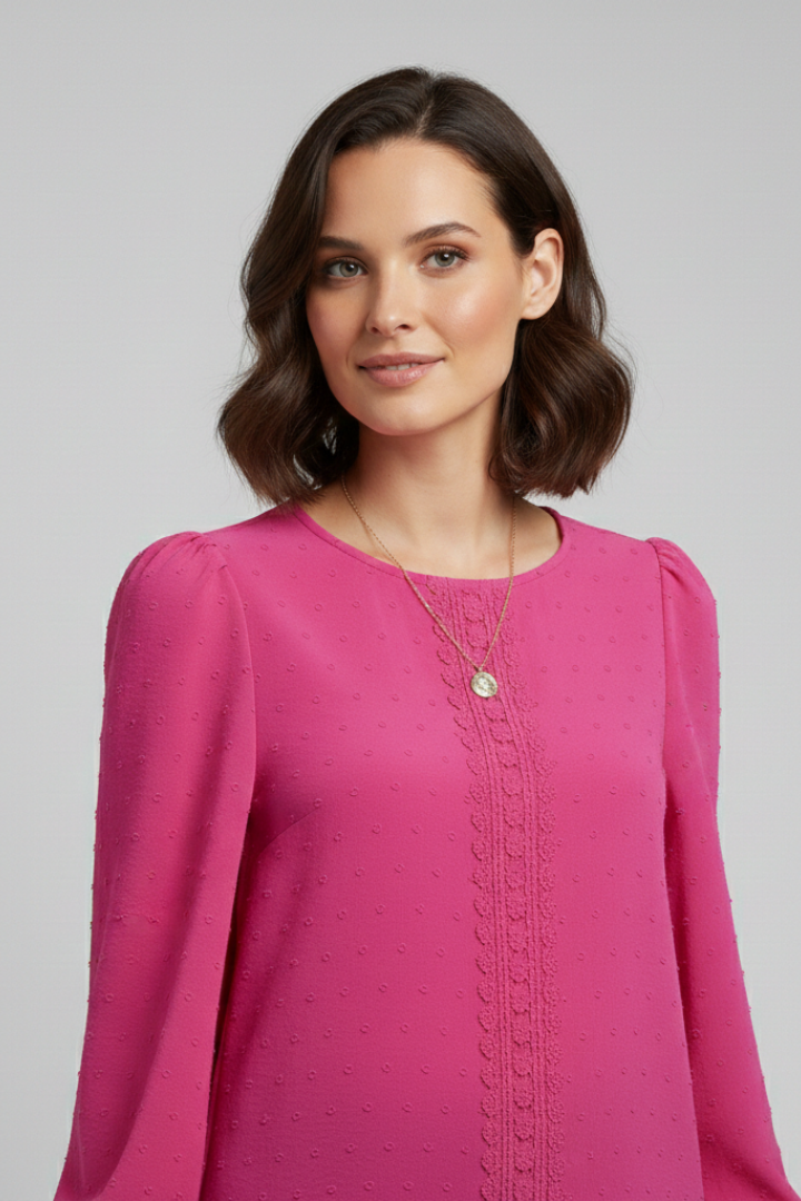 Women's Embroidered Round Neck Blouse with Long Sleeves – Casual Everyday Top