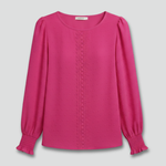 Women's Embroidered Round Neck Blouse with Long Sleeves – Casual Everyday Top