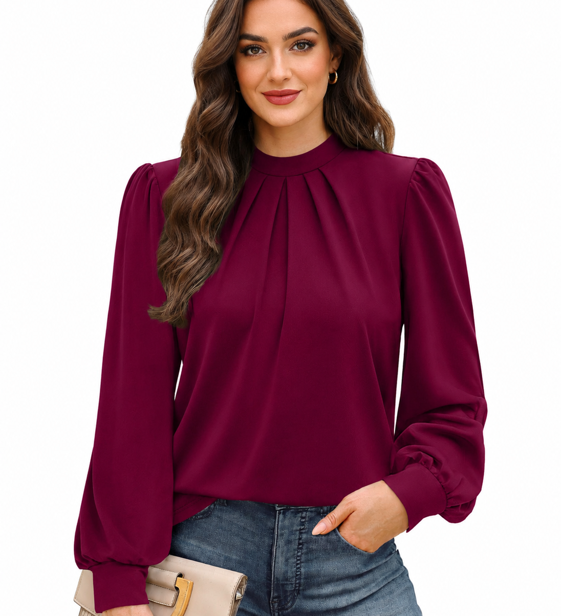 Women's High Neck Puff Sleeve Blouse with Pleated Front – Relaxed Long Sleeve Top