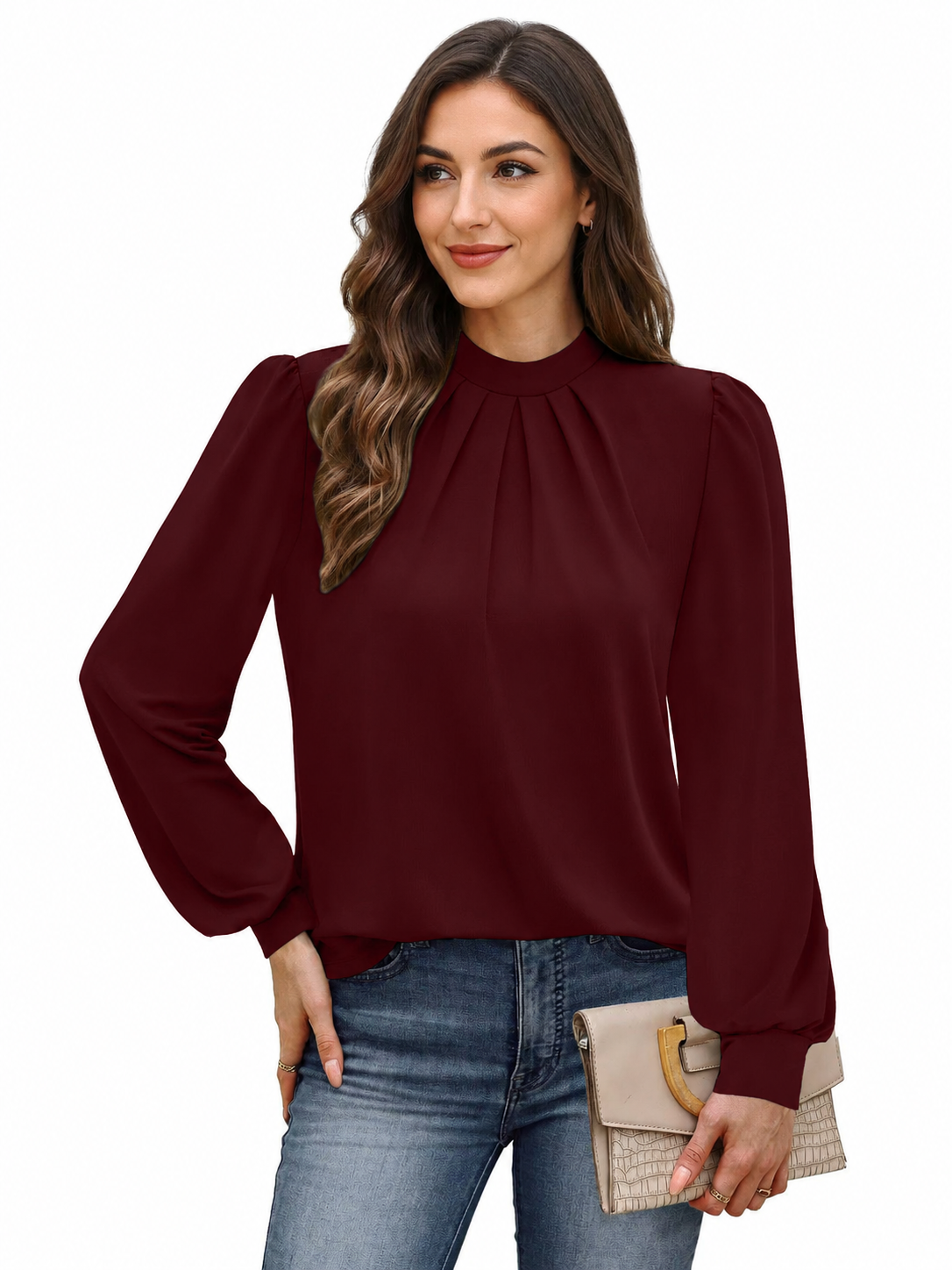 Women's High Neck Puff Sleeve Blouse with Pleated Front – Relaxed Long Sleeve Top
