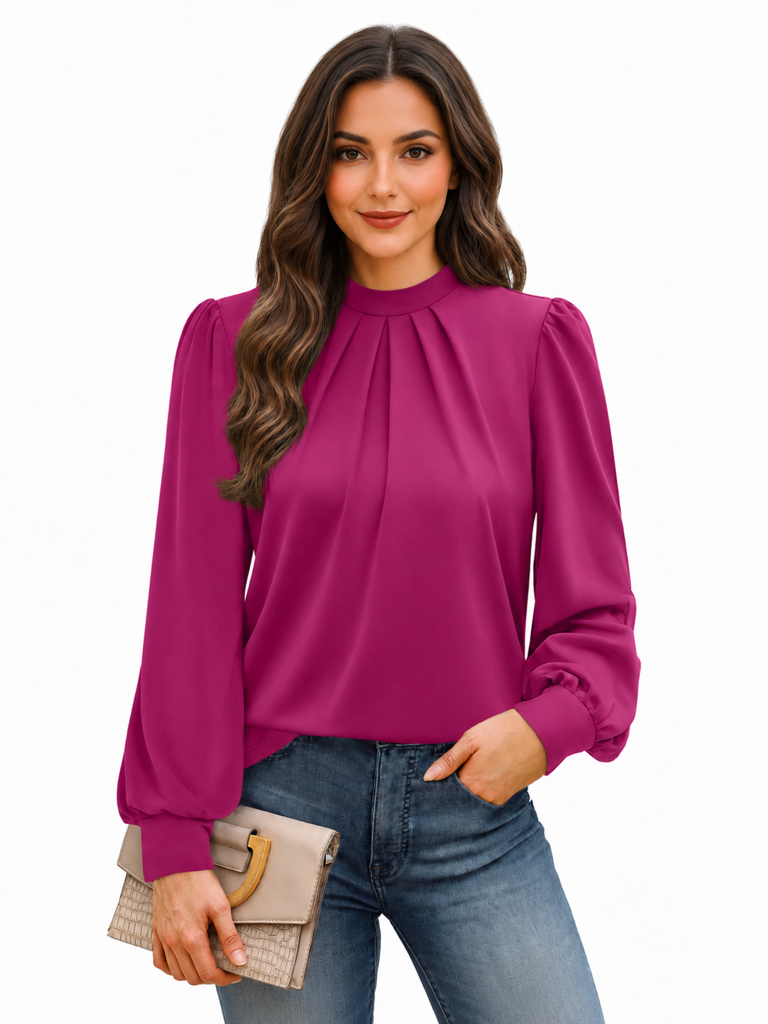 Women's High Neck Puff Sleeve Blouse with Pleated Front – Relaxed Long Sleeve Top