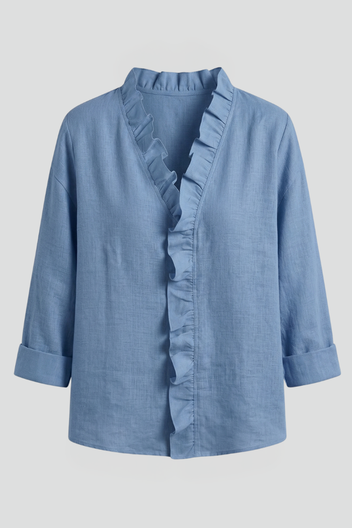 Women's Ruffle V-Neck Blouse with Long Sleeves – Relaxed Fit Top for Work & Weekend