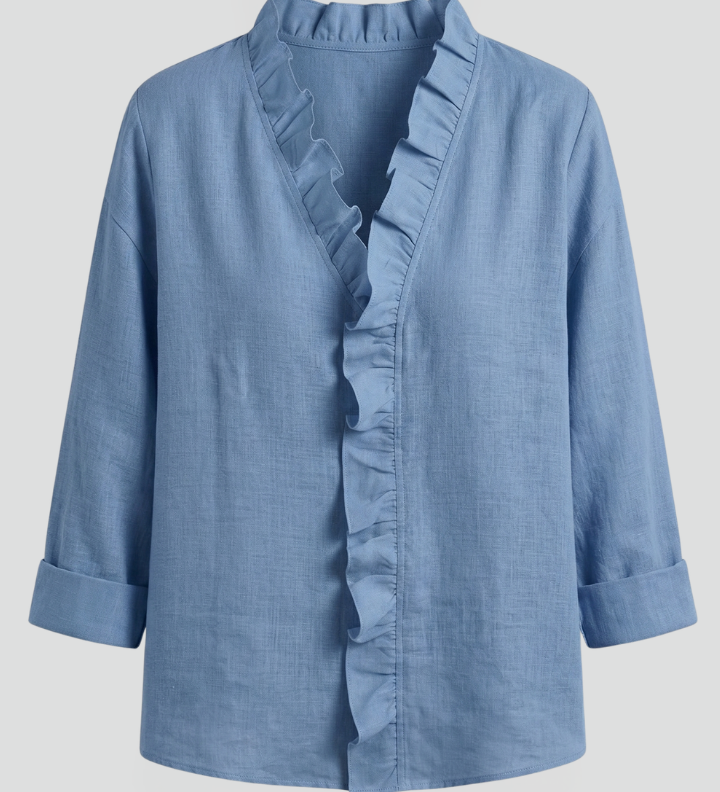 Women's Ruffle V-Neck Blouse with Long Sleeves – Relaxed Fit Top for Work & Weekend