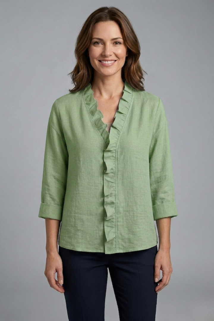 Women's Ruffle V-Neck Blouse with Long Sleeves – Relaxed Fit Top for Work & Weekend