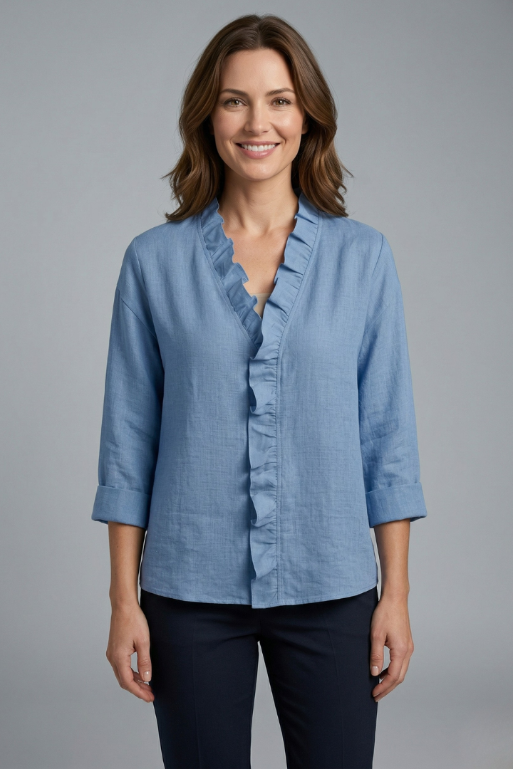 Women's Ruffle V-Neck Blouse with Long Sleeves – Relaxed Fit Top for Work & Weekend