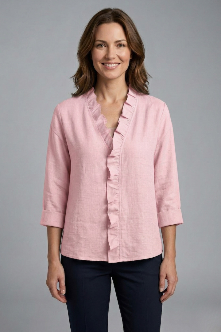 Women's Ruffle V-Neck Blouse with Long Sleeves – Relaxed Fit Top for Work & Weekend