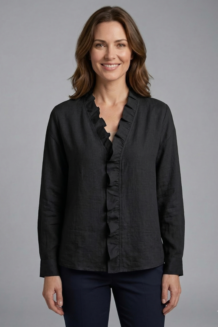 Women's Ruffle V-Neck Blouse with Long Sleeves – Relaxed Fit Top for Work & Weekend