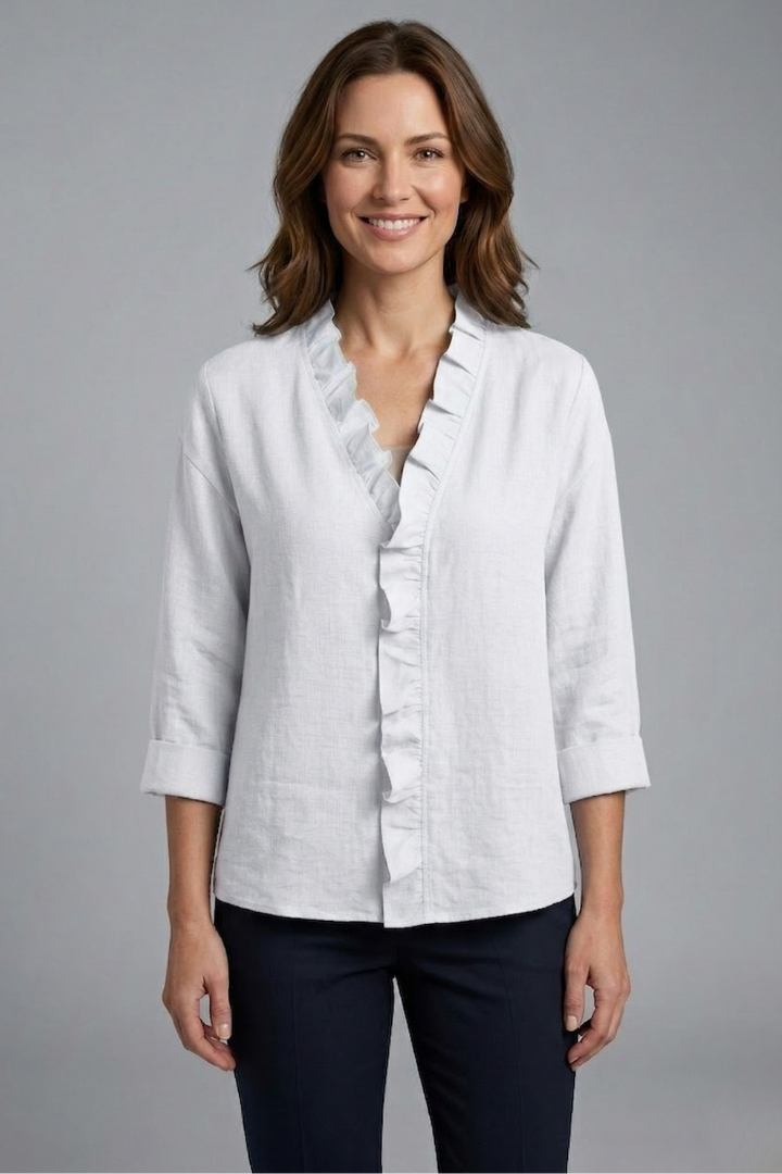 Women's Ruffle V-Neck Blouse with Long Sleeves – Relaxed Fit Top for Work & Weekend