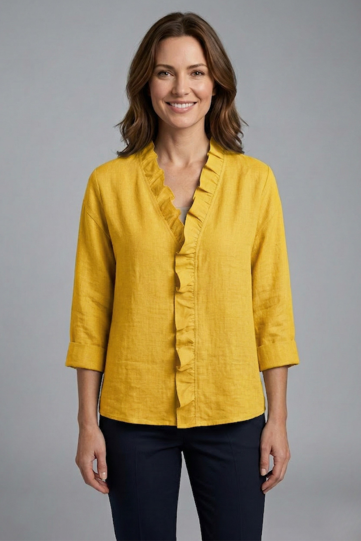 Women's Ruffle V-Neck Blouse with Long Sleeves – Relaxed Fit Top for Work & Weekend