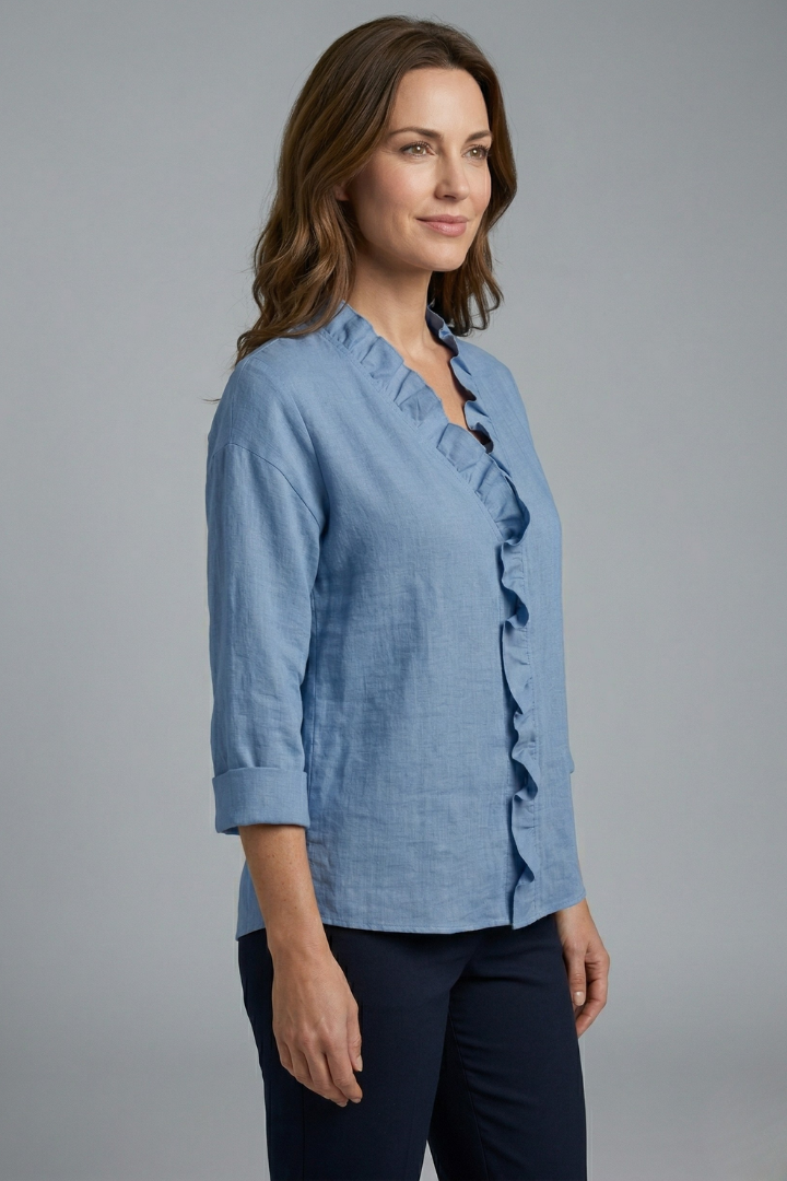 Women's Ruffle V-Neck Blouse with Long Sleeves – Relaxed Fit Top for Work & Weekend