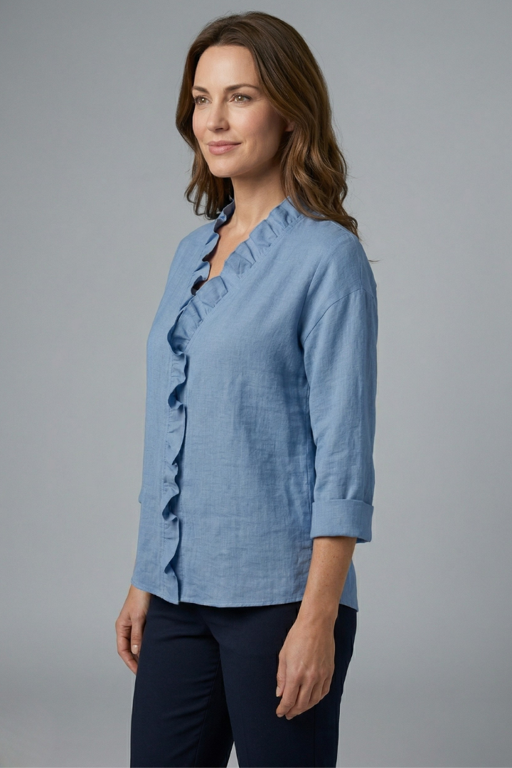 Women's Ruffle V-Neck Blouse with Long Sleeves – Relaxed Fit Top for Work & Weekend