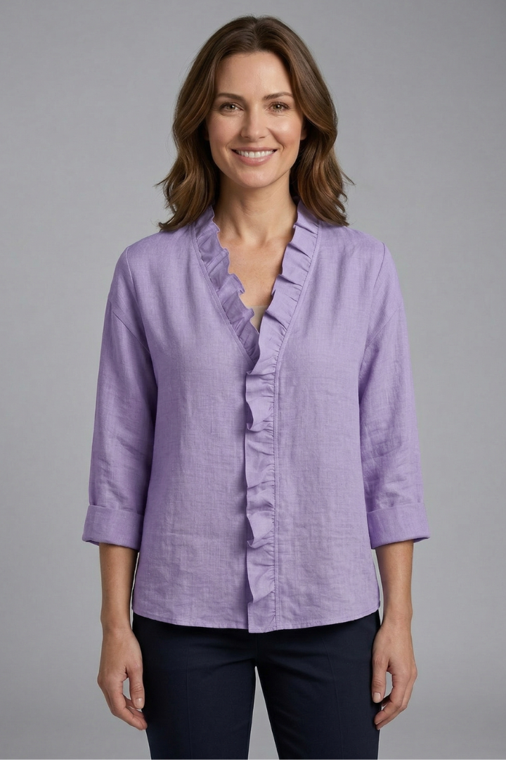 Women's Ruffle V-Neck Blouse with Long Sleeves – Relaxed Fit Top for Work & Weekend