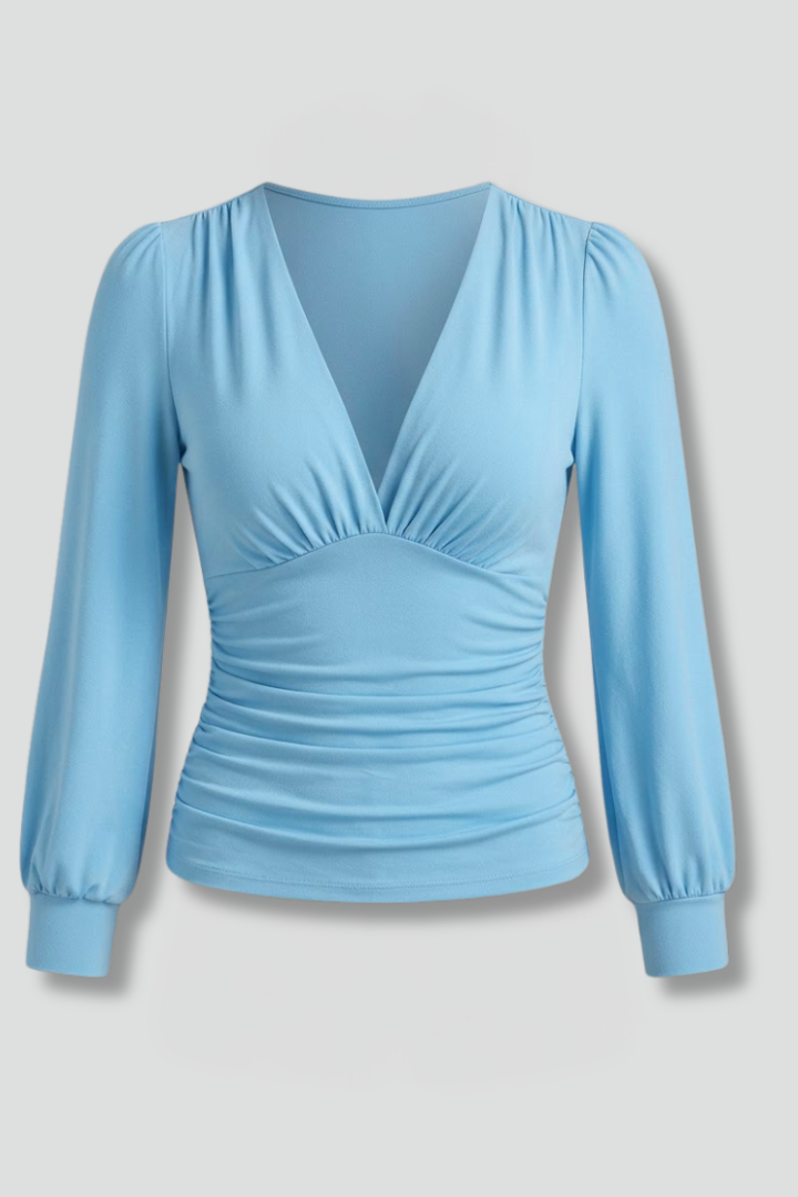 Women's V-Neck Wrap Blouse with Ruched Waist – Long Sleeve Stretch Top for Work