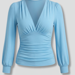 Women's V-Neck Wrap Blouse with Ruched Waist – Long Sleeve Stretch Top for Work