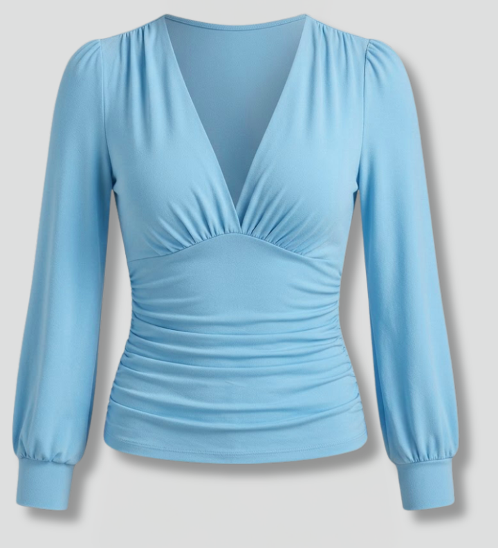 Women's V-Neck Wrap Blouse with Ruched Waist – Long Sleeve Stretch Top for Work