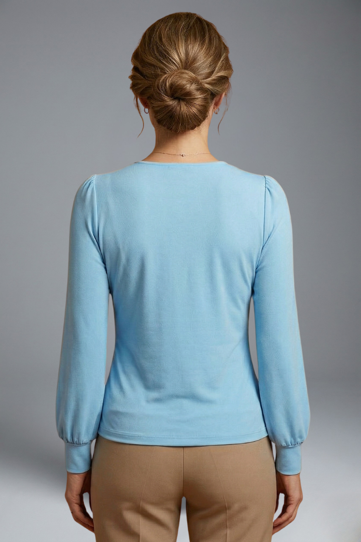 Women's V-Neck Wrap Blouse with Ruched Waist – Long Sleeve Stretch Top for Work