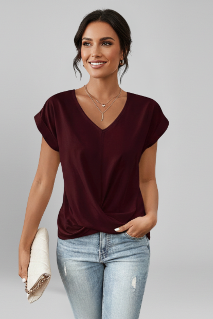 Women's V Neck Blouse with Short Sleeves – Relaxed Pull-On Top for Everyday & Work Wear