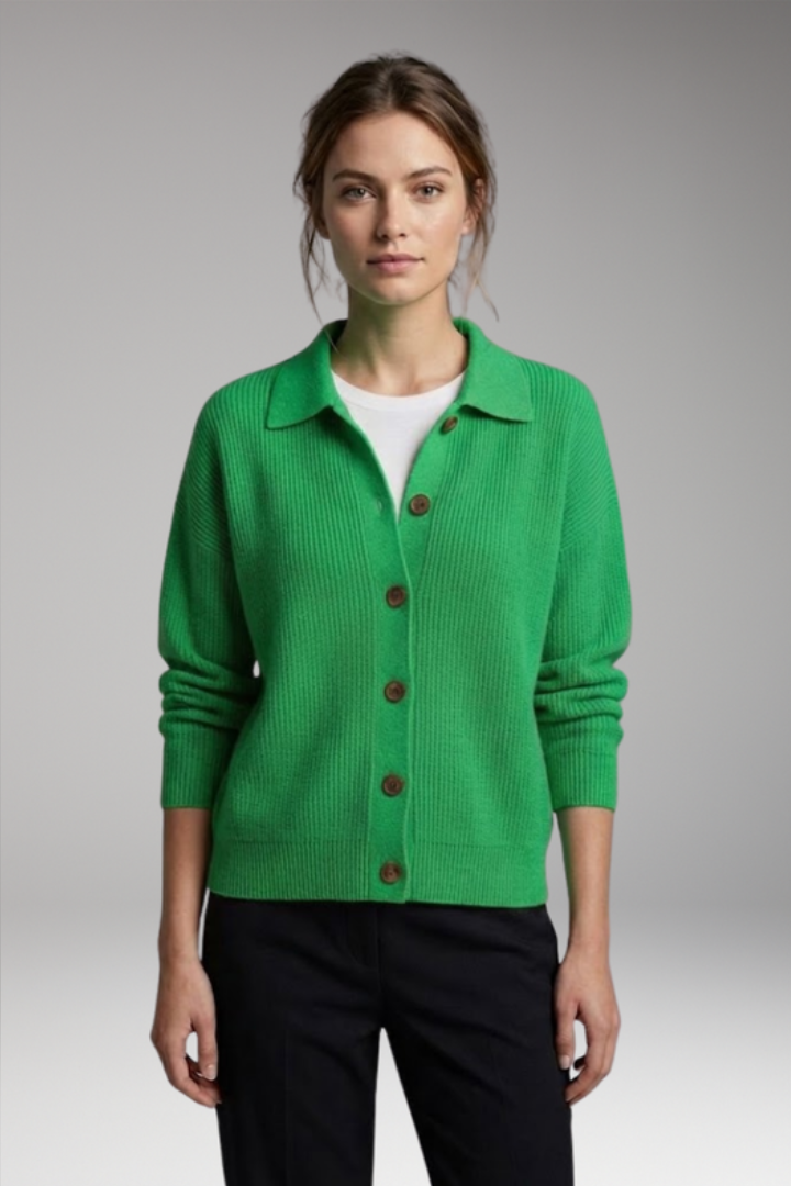 Women's Collared Button-Front Cardigan – Knitted Long Sleeve Hip-Length Layer