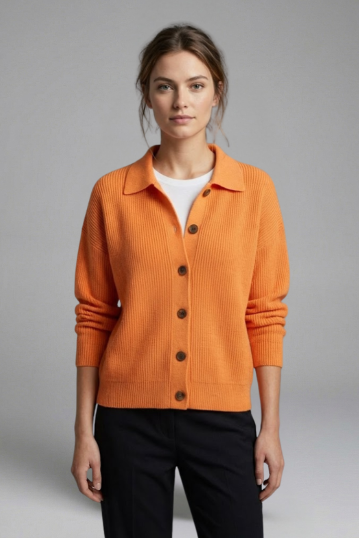 Women's Collared Button-Front Cardigan – Knitted Long Sleeve Hip-Length Layer